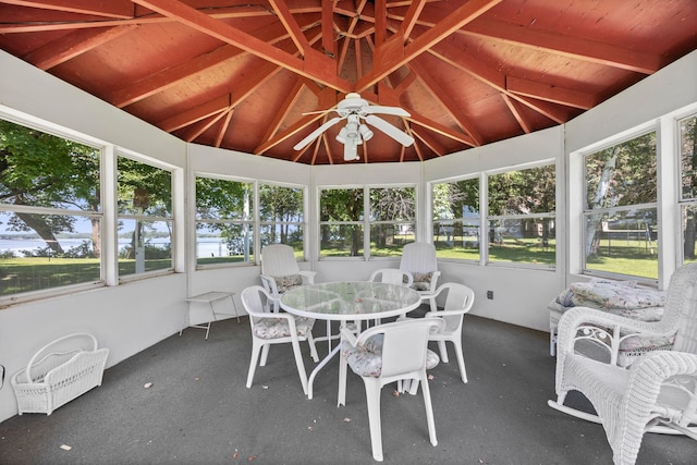 70190 218th St, Dassel, MN 55325 - sunroom / solarium featuring ceiling fan, outdoor dining space, and a water view