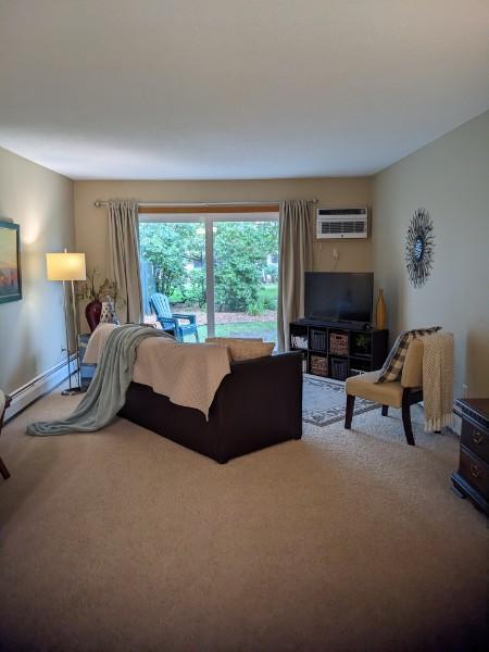 2800 Hillsboro Ave N Unit 113, New Hope, MN 55427 - living area with an AC wall unit, carpet, and a baseboard radiator