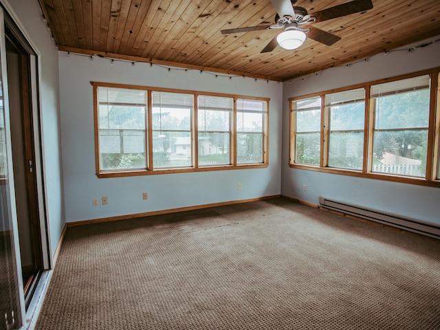 610 25th St SW, Austin, MN 55912 - carpeted empty room featuring ceiling fan, plenty of natural light, a baseboard heating unit, and wooden ceiling