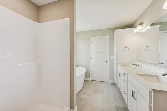 2627 Arbor Dr, Buffalo, MN 55313 - full bathroom featuring double vanity, a soaking tub, and a shower