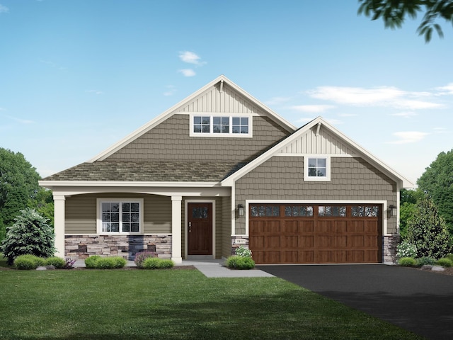 7805 Bridgewater Ct, Greenfield, MN 55373 - craftsman house featuring a front lawn, stone siding, a garage, driveway, and board and batten siding