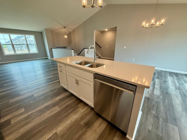 2811 Ivory Ave NE, Saint Michael, MN 55330 - kitchen with stainless steel dishwasher, a chandelier, open floor plan, white cabinets, and lofted ceiling