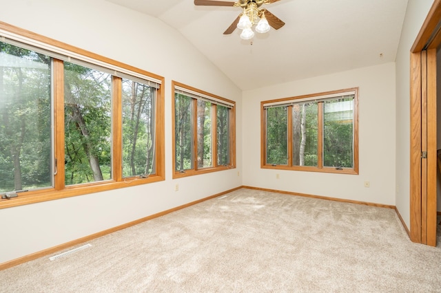 508 Woodside Ct, Shakopee, MN 55379 - spare room featuring carpet flooring, lofted ceiling, and a ceiling fan