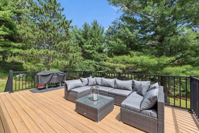 13725 Maxwell Rd, Chisago Lake Twp, MN 55013 - wooden deck featuring a grill and an outdoor living space