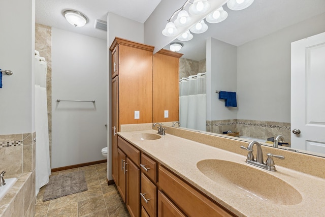 13725 Maxwell Rd, Chisago Lake Twp, MN 55013 - full bath featuring double vanity, a shower with curtain, and tiled bath