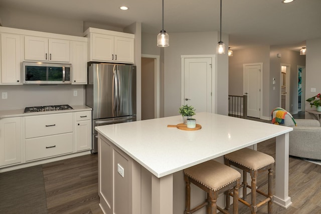 1427 Amco Dr SE, Chatfield, MN 55923 - kitchen with stainless steel appliances, dark wood-style floors, recessed lighting, white cabinetry, and light countertops