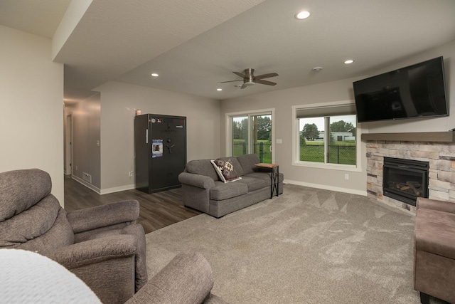 1427 Amco Dr SE, Chatfield, MN 55923 - living room with ceiling fan, recessed lighting, a fireplace, and wood finished floors