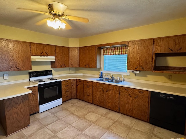 20247 410th Ave, Mickinock Twp, MN 56751 - kitchen with electric range, black dishwasher, under cabinet range hood, and brown cabinets