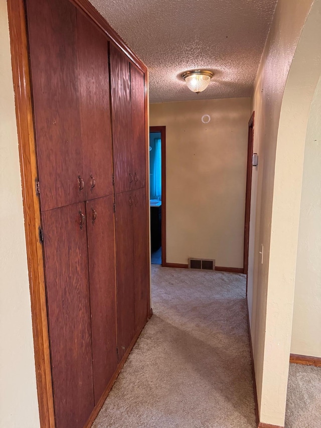 20247 410th Ave, Mickinock Twp, MN 56751 - corridor with light colored carpet, a textured ceiling, and arched walkways