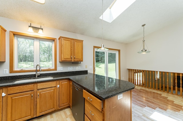 816 Bristol Ln NE, Rochester, MN 55906 - kitchen featuring dishwasher, a skylight, vaulted ceiling, light wood finished floors, and brown cabinetry