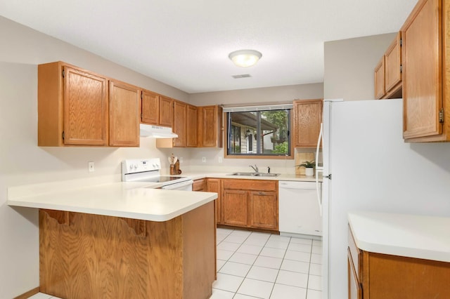 5960 Fernwood St, Shoreview, MN 55126 - kitchen with white appliances, under cabinet range hood, a peninsula, light countertops, and a breakfast bar