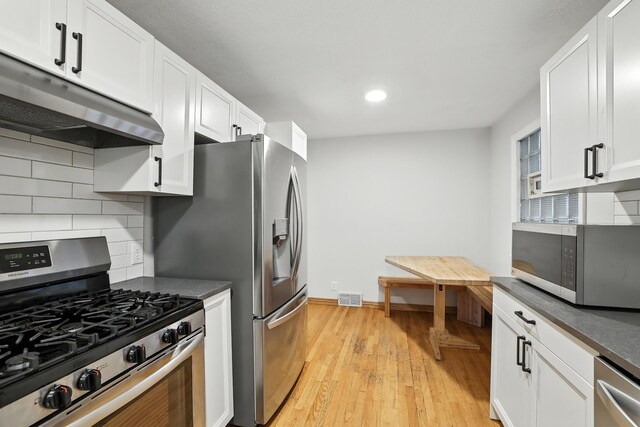 188 Cleveland Ave S, Saint Paul, MN 55105 - kitchen featuring stainless steel appliances, under cabinet range hood, dark countertops, tasteful backsplash, and light wood-style floors