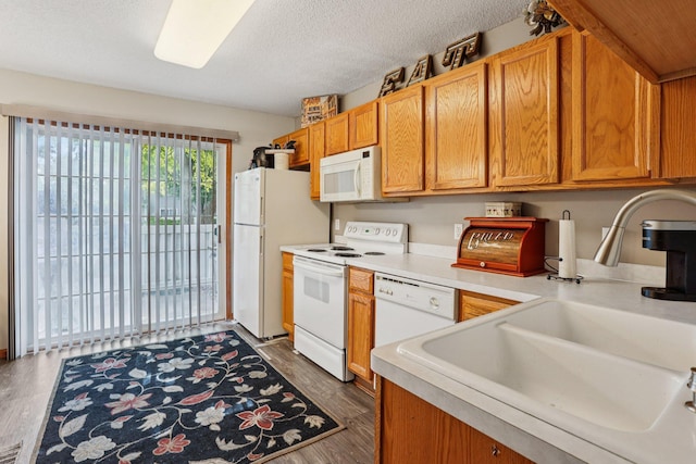 2001 Gresham Ave N, Oakdale, MN 55128 - kitchen with white appliances, light countertops, dark wood-type flooring, a textured ceiling, and brown cabinets