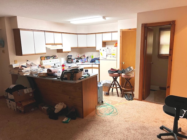 5019/5021 Ojibwa Rd, Brainerd, MN 56401 - kitchen with a peninsula, white cabinets, under cabinet range hood, a breakfast bar, and light carpet