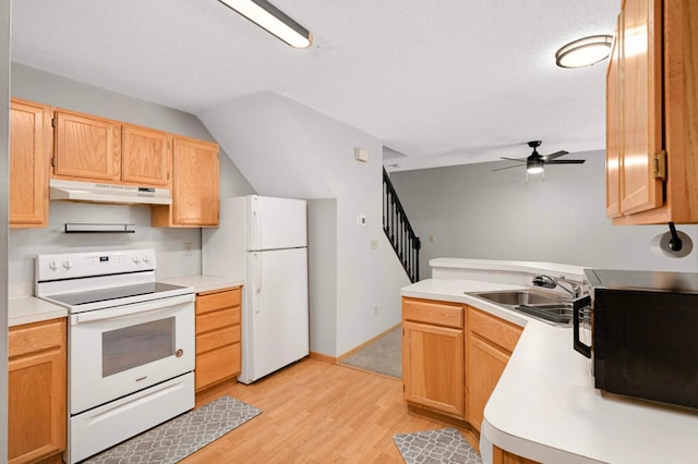 1830 Donegal Dr Unit 11, Woodbury, MN 55125 - kitchen with white appliances, under cabinet range hood, light wood finished floors, light countertops, and ceiling fan