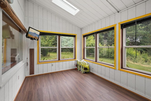 20170 Oxboro Ln N, Scandia, MN 55047 - unfurnished sunroom featuring lofted ceiling, a skylight, wood finished floors, and wood walls