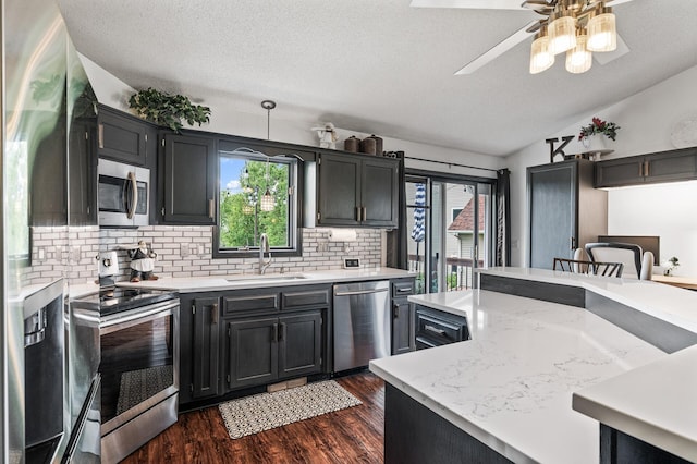 11847 Meadow Curv, Lindstrom, MN 55045 - kitchen featuring appliances with stainless steel finishes, plenty of natural light, decorative backsplash, dark wood-style floors, and vaulted ceiling