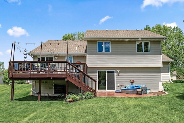 11847 Meadow Curv, Lindstrom, MN 55045 - back of property featuring an outdoor hangout area, a wooden deck, stairway, a yard, and roof with shingles