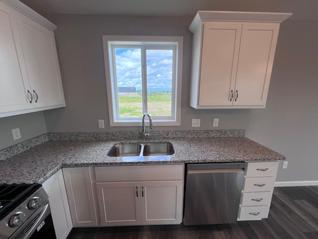 2488 Jacamar Ave NE, Saint Michael, MN 55376 - kitchen featuring stainless steel appliances, white cabinets, light stone countertops, and dark wood-style floors