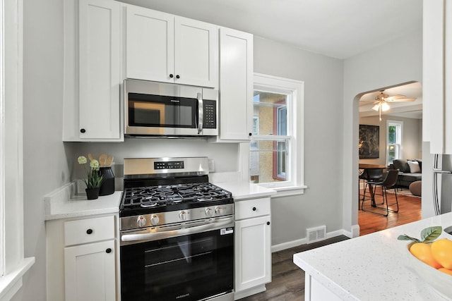 4529 17th Ave S, Minneapolis, MN 55407 - kitchen with appliances with stainless steel finishes, wood finished floors, white cabinets, and ceiling fan