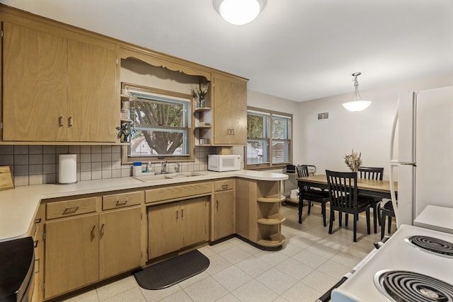 5524 34th Ave S, Minneapolis, MN 55417 - kitchen with white appliances, open shelves, light countertops, and backsplash