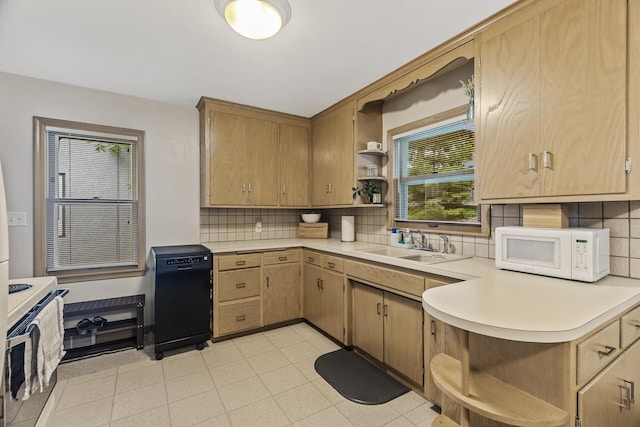 5524 34th Ave S, Minneapolis, MN 55417 - kitchen featuring white appliances, light countertops, open shelves, and decorative backsplash