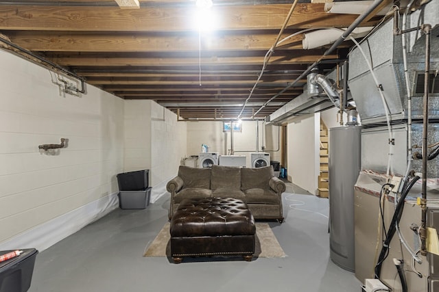 5524 34th Ave S, Minneapolis, MN 55417 - below grade area featuring washer and clothes dryer, water heater, and stairs
