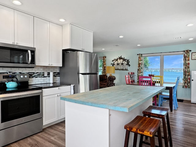 34 Shady Rest Rd, Lake Sarah Twp, MN 56132 - kitchen with appliances with stainless steel finishes, wood finished floors, decorative backsplash, white cabinetry, and recessed lighting
