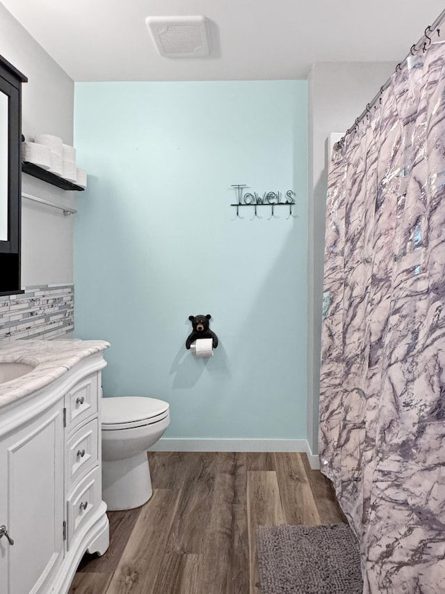 34 Shady Rest Rd, Lake Sarah Twp, MN 56132 - bathroom featuring wood finished floors, vanity, backsplash, and a shower with shower curtain