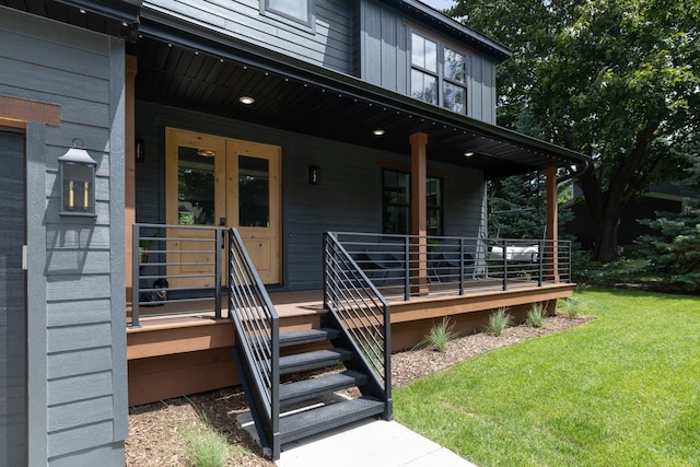 625 Ivy Falls Ave, Mendota Heights, MN 55118 - property entrance featuring a porch, a yard, and french doors