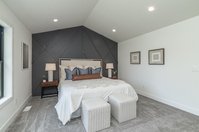 625 Ivy Falls Ave, Mendota Heights, MN 55118 - bedroom with light colored carpet, a decorative wall, vaulted ceiling, and recessed lighting