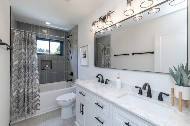 625 Ivy Falls Ave, Mendota Heights, MN 55118 - full bathroom featuring shower / bathtub combination with curtain, double vanity, and tile patterned floors