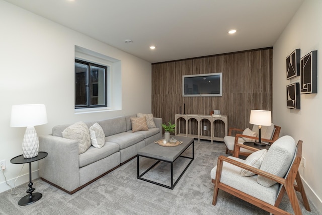 625 Ivy Falls Ave, Mendota Heights, MN 55118 - carpeted living area with wooden walls and recessed lighting