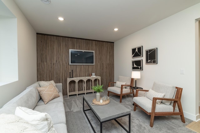 625 Ivy Falls Ave, Mendota Heights, MN 55118 - living room with light colored carpet, recessed lighting, and wood walls