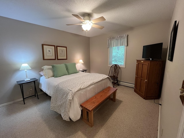 15965 Red Sand Cir, Brainerd, MN 56401 - bedroom featuring a baseboard heating unit, light carpet, a textured ceiling, and ceiling fan