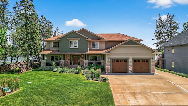7471 260th St, Wyoming, MN 55092 - craftsman-style home featuring covered porch, concrete driveway, a front lawn, a garage, and a chimney