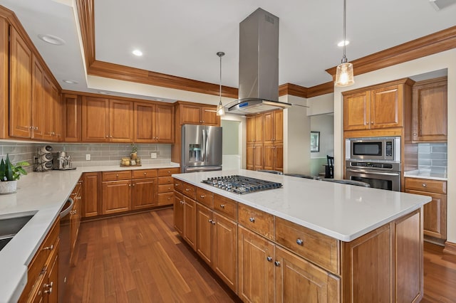 7471 260th St, Wyoming, MN 55092 - kitchen featuring appliances with stainless steel finishes, island exhaust hood, brown cabinets, ornamental molding, and recessed lighting