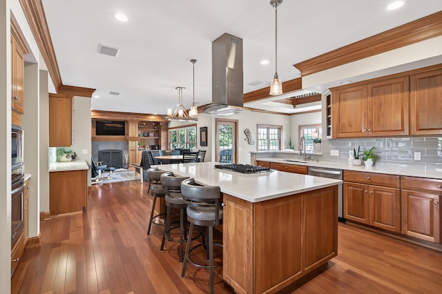 7471 260th St, Wyoming, MN 55092 - kitchen with island exhaust hood, open floor plan, appliances with stainless steel finishes, light countertops, and tasteful backsplash
