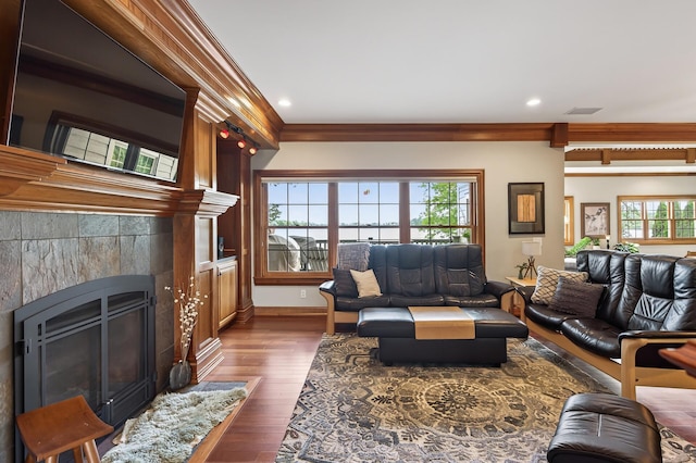 7471 260th St, Wyoming, MN 55092 - living area featuring a fireplace, crown molding, dark wood-style floors, and recessed lighting