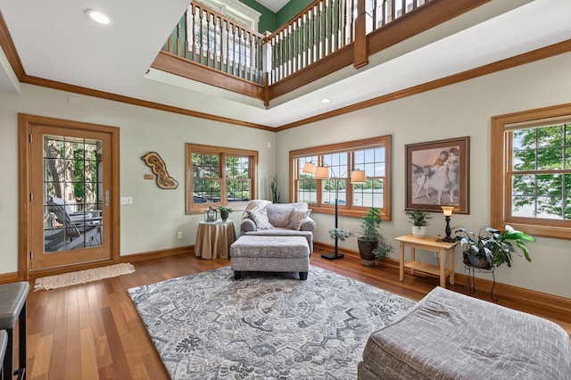 7471 260th St, Wyoming, MN 55092 - living room with healthy amount of natural light, wood finished floors, ornamental molding, and recessed lighting