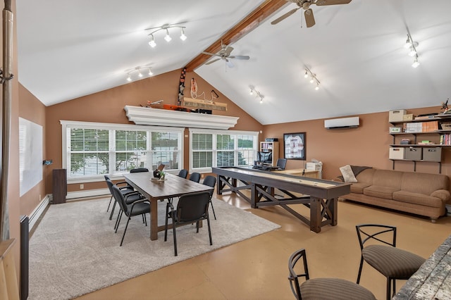 7471 260th St, Wyoming, MN 55092 - dining space featuring track lighting, a wall mounted AC, lofted ceiling, plenty of natural light, and ceiling fan