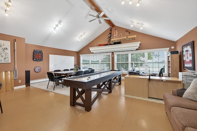 7471 260th St, Wyoming, MN 55092 - rec room featuring rail lighting, lofted ceiling, baseboard heating, and ceiling fan