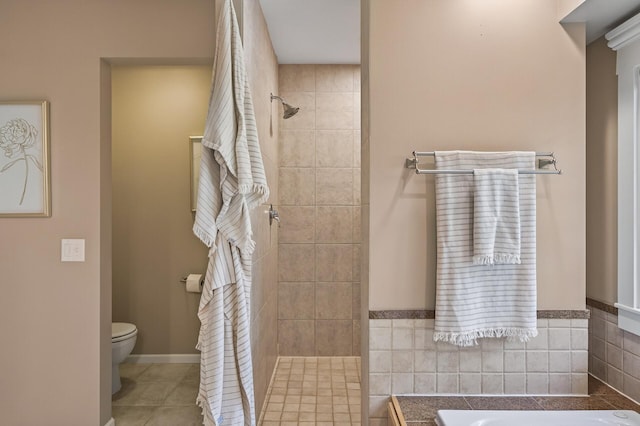 7471 260th St, Wyoming, MN 55092 - bathroom featuring a tile shower, a garden tub, and tile patterned floors