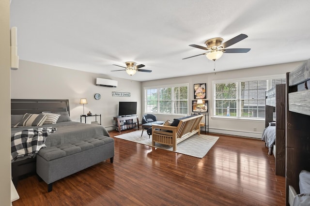 7471 260th St, Wyoming, MN 55092 - bedroom with baseboard heating, wood finished floors, a wall mounted air conditioner, and a ceiling fan