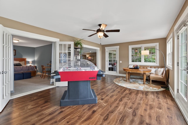 7471 260th St, Wyoming, MN 55092 - game room featuring wood finished floors, french doors, a ceiling fan, and plenty of natural light