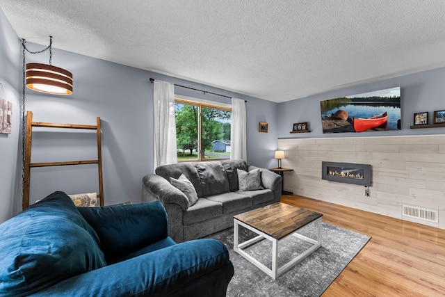 6071 Red Fox Run, North Branch, MN 55056 - living area with a textured ceiling, wood finished floors, and a tiled fireplace