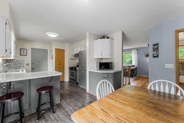 6071 Red Fox Run, North Branch, MN 55056 - kitchen with appliances with stainless steel finishes, dark wood finished floors, a peninsula, light countertops, and a breakfast bar