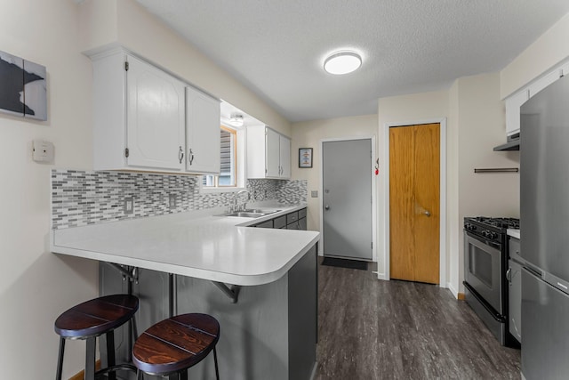 6071 Red Fox Run, North Branch, MN 55056 - kitchen featuring stainless steel appliances, dark wood-style floors, a peninsula, light countertops, and backsplash