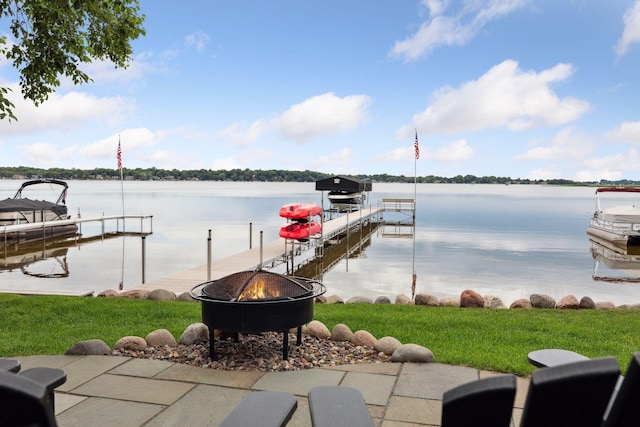 9525 Shore Trl N, Forest Lake, MN 55025 - dock with an outdoor fire pit, boat lift, and a water view