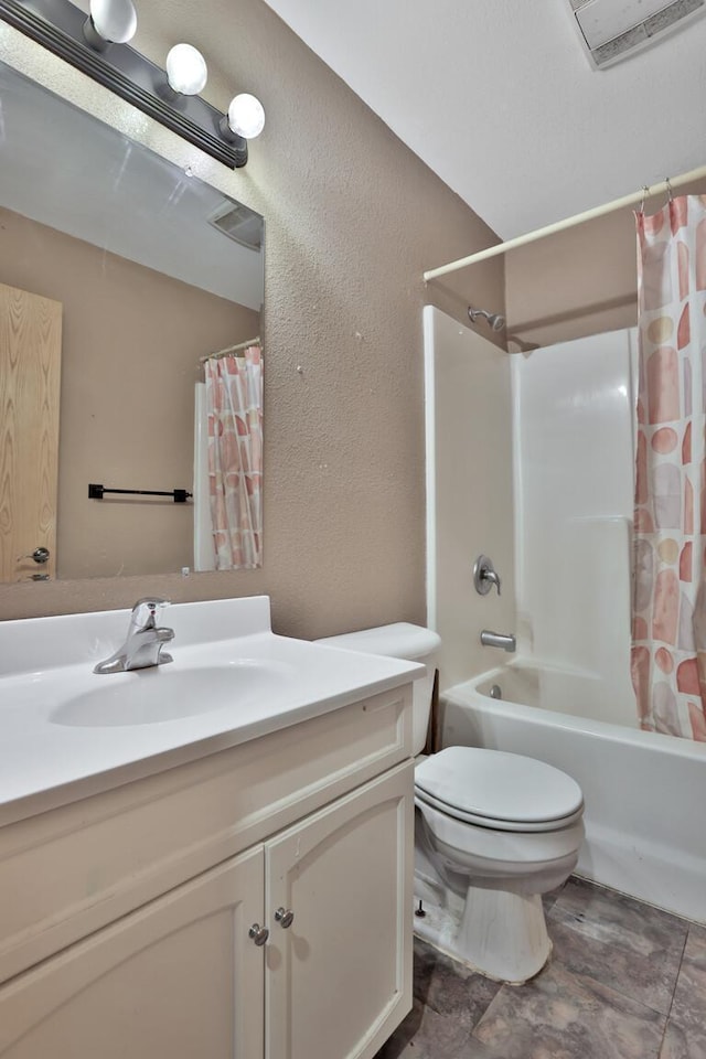 75309 Twin Oaks Rd, Bremen Twp, MN 55735 - full bathroom featuring vanity, shower / bath combination with curtain, and a textured wall